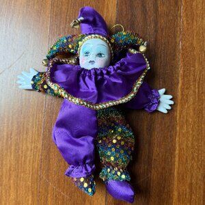 Mardi Gras Porcelain Face / Hands Court Jester Clown Doll / Ornament